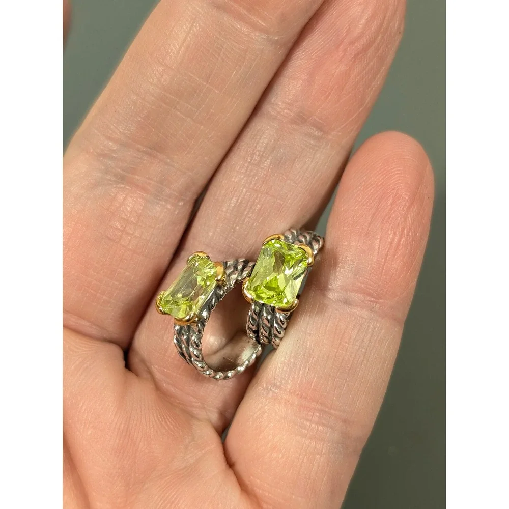 Silver‎ Tone Cable Huggie Hoop Earrings Green CZ Accent Pierced Designer Style